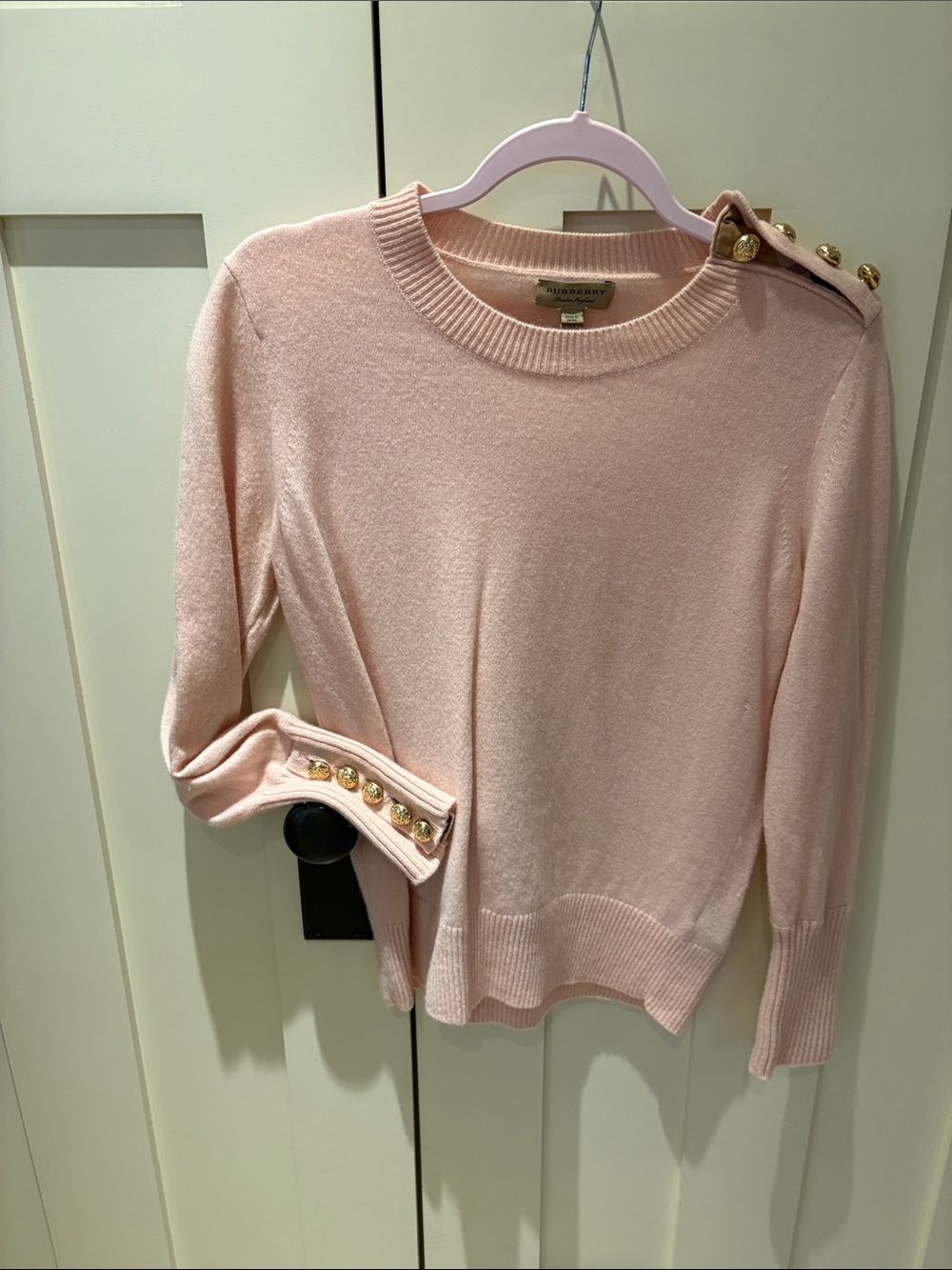Burberry Soft Pink Crewneck Sweater with Gold Buttons